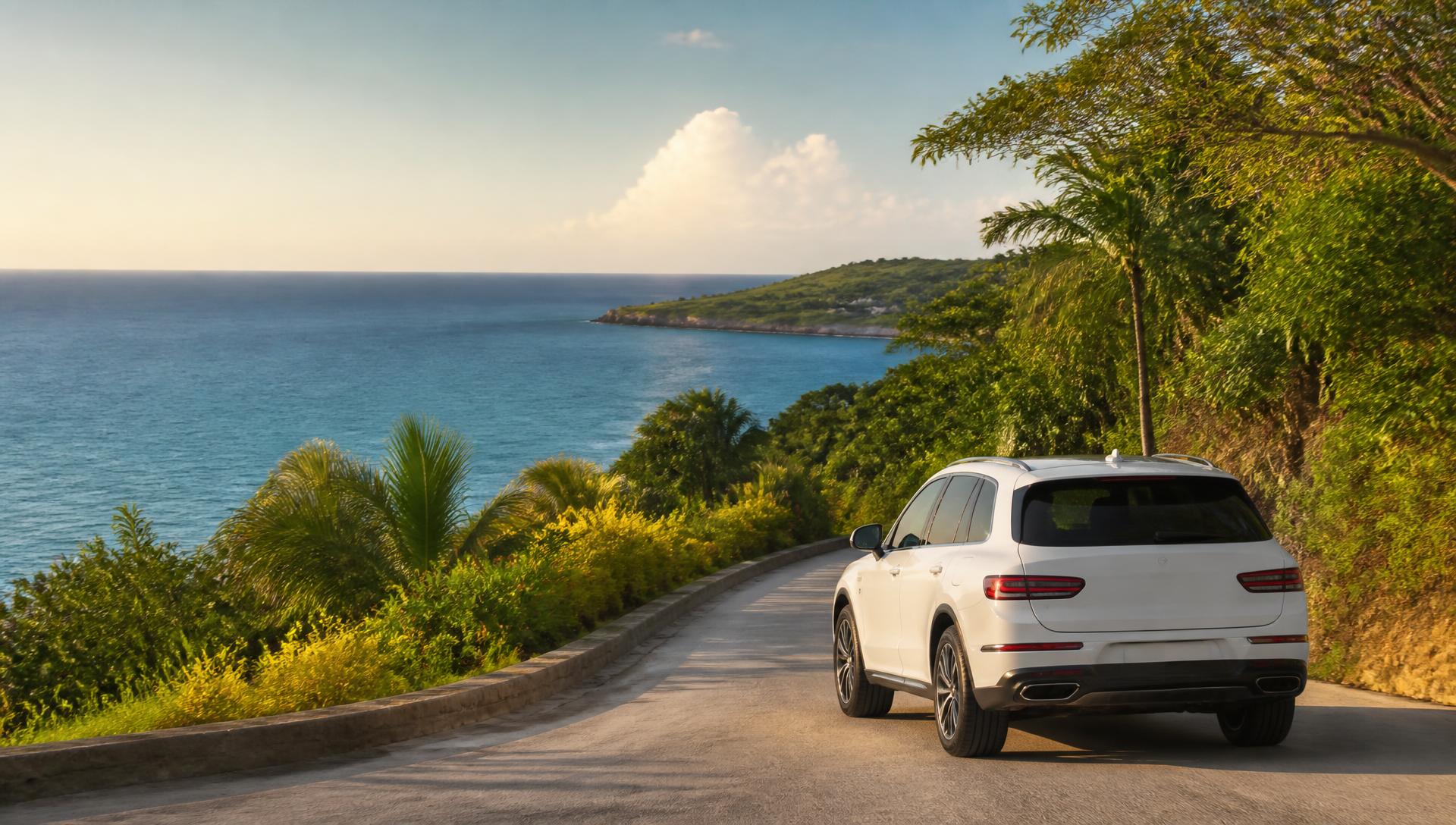 Premium vehicle traveling on a coastal road in Roatán